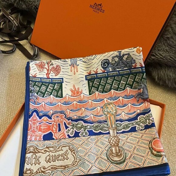 NWT HERMES Super Silk Quest Scarf 90cm Silk Logo Maze Block Game Carre Unused - Picture 3 of 6